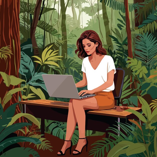 Vector vrouw die aan een laptop werkt in het midden van de jungle, wat verwijderd werk op ongewone plaatsen aangeeft.