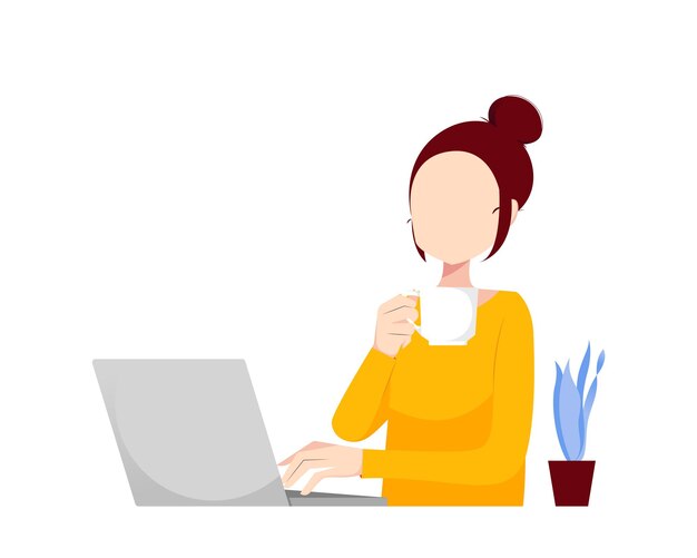 Vrouw die aan haar laptop werkt die koffie drinkt