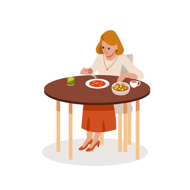 Vrouw die aan tafel eet geïsoleerd op witte achtergrond vectorillustratie van platte cartoonstijl