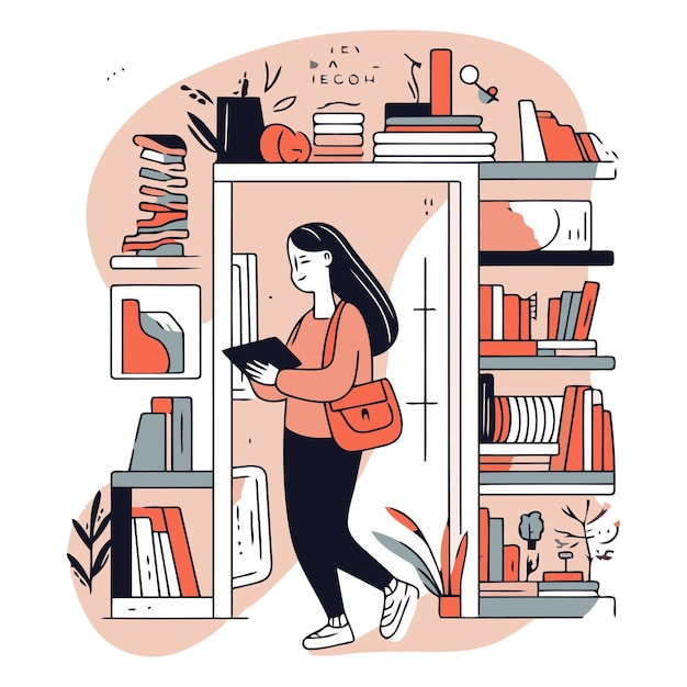 Vrouw die bij een boekenplank staat en een boek leest Platte vectorillustratie