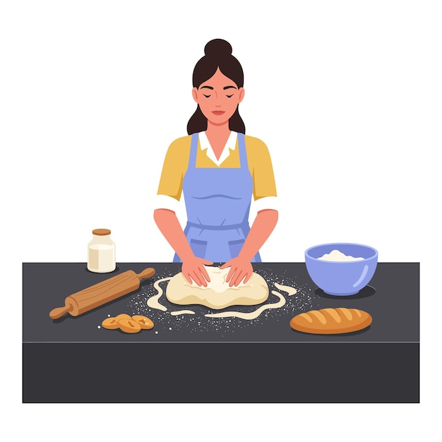 Vrouw die deeg met rollende pen en ingrediënten op de keukentafel knett