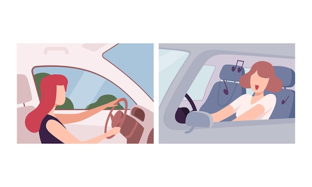 Vrouw die een auto rijdt en op de bestuurdersstoel van een motorvoertuig zit met haar handen op het stuurwiel