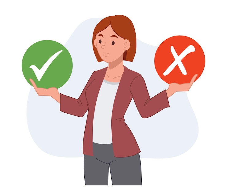 Vector vrouw die een beslissing neemt tussen twee opties goed of fout platte vector stripfiguur illustratie