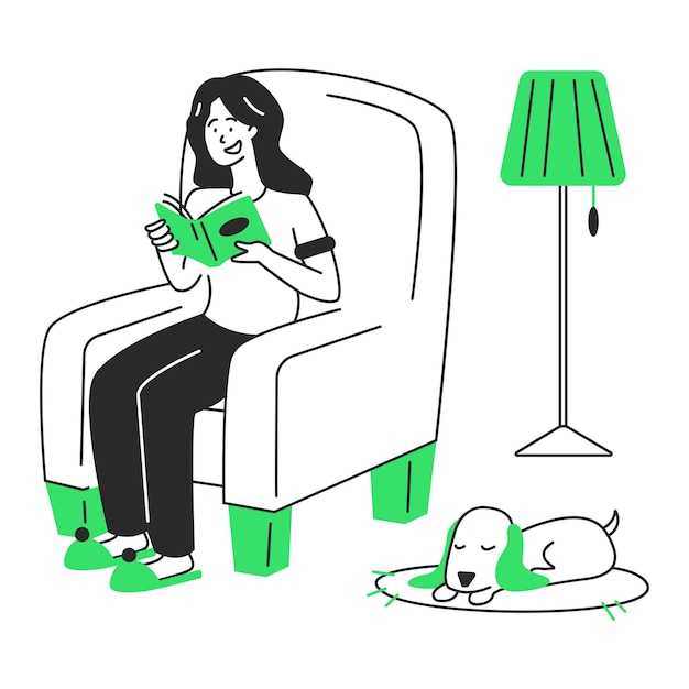 vrouw die een boek leest in een comfortabele omgeving