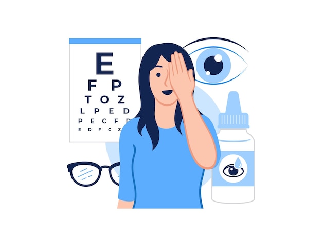 Vector vrouw die één oog bedekt doet oogcontrole oogonderzoek test