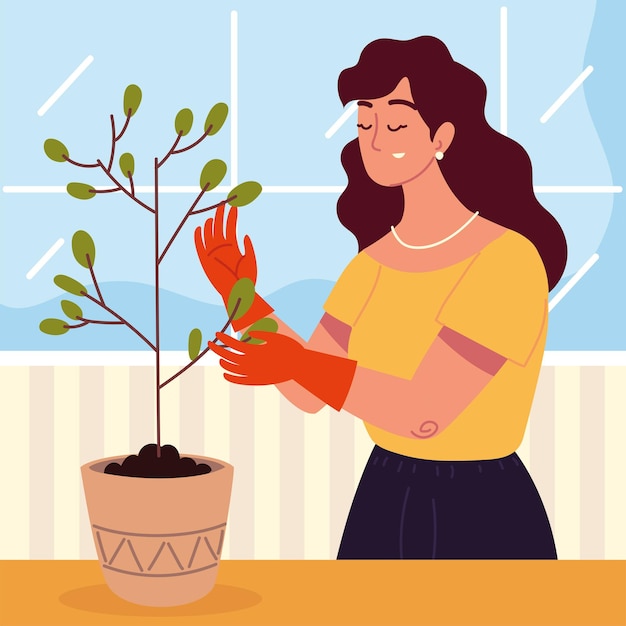 Vrouw die een plant verzorgt