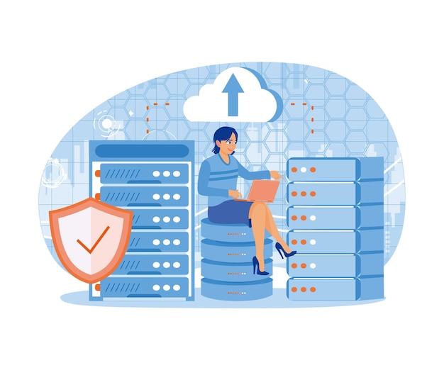 Vrouw die gegevens op de laptop analyseert, bestanden opslaat in het datacentrum, computerconcept, platte vectorillustratie.