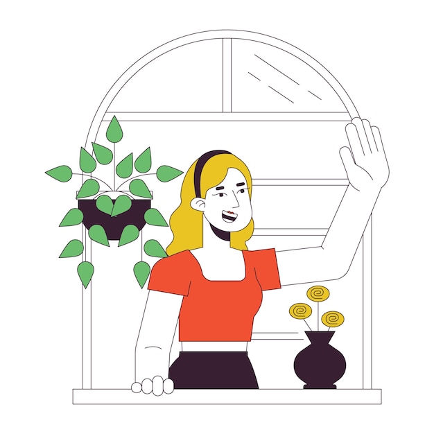 Vrouw die hallo zegt platte lijn concept vector spot illustratie blank meisje op het balkon buurman 2D cartoon omtrek personage op wit voor web UI-ontwerp bewerkbaar geïsoleerde kleur held beeld