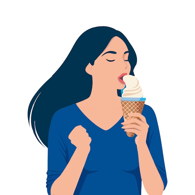 Vrouw die ijs eet geïsoleerde platte vector illustratie