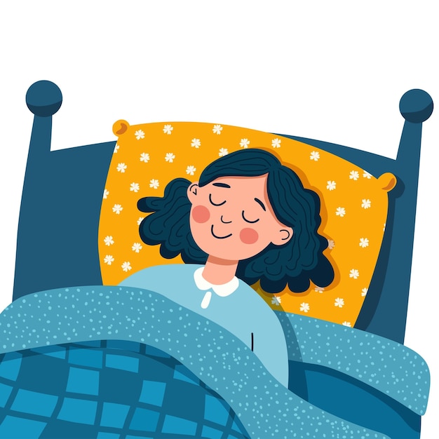 Vrouw die in bed slaapt Gezonde slaap Platte grafische vectorillustratie op witte achtergrond