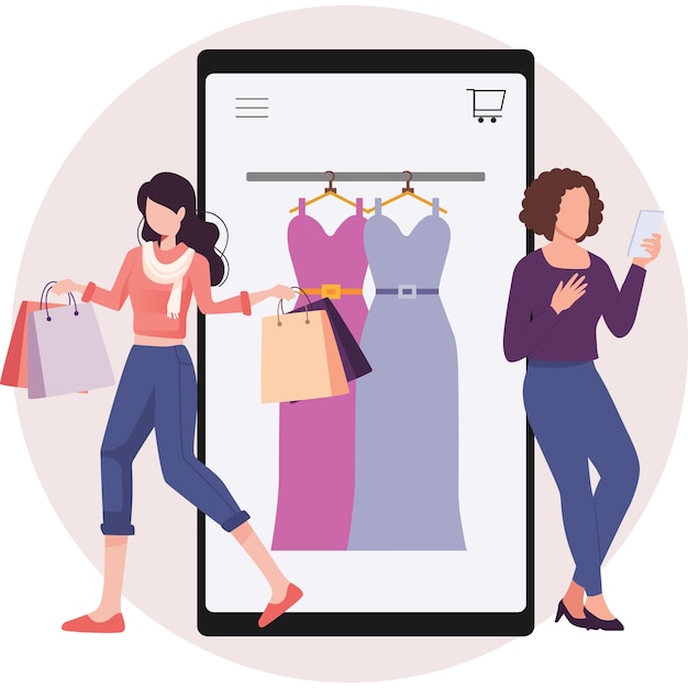 Vrouw die in de buurt van een mobieltje staat om kleren te kopen en zich aan te kleden Illustratie