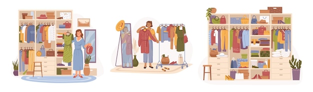 Vrouw die kleding kiest uit de garderobeset