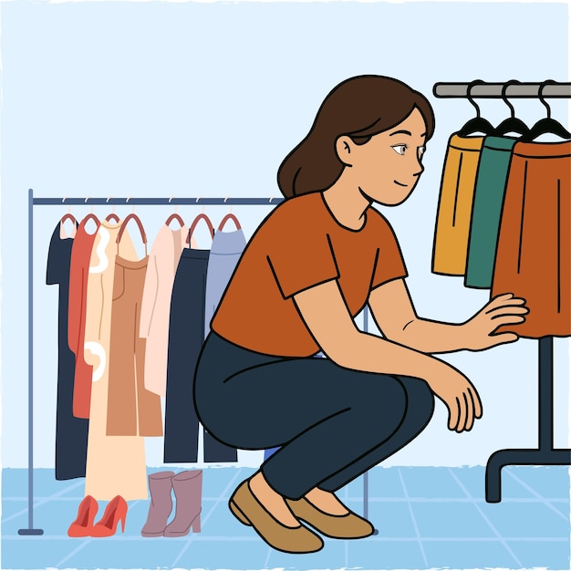 Vrouw die kleding op een rek in een boetiek bekijkt