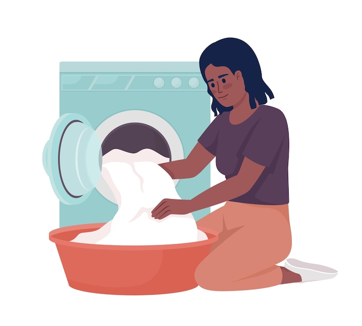 Vector vrouw die kleren wast in de wasmachine semi egale kleur vector karakter