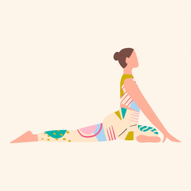 Vector vrouw die kleurrijke kleren draagt die yoga doet. gezondheidszorg. sport en levensstijl concept. meisje in top en leggins met abstracte patronen. vlakke afbeelding