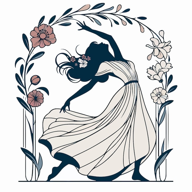 Vector vrouw die met bloemen danst in art nouveau stijl