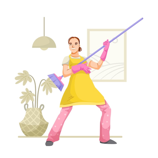 Vrouw die met een mop schoonmaakt en geniet van huishoudelijke taken Vectorillustratie