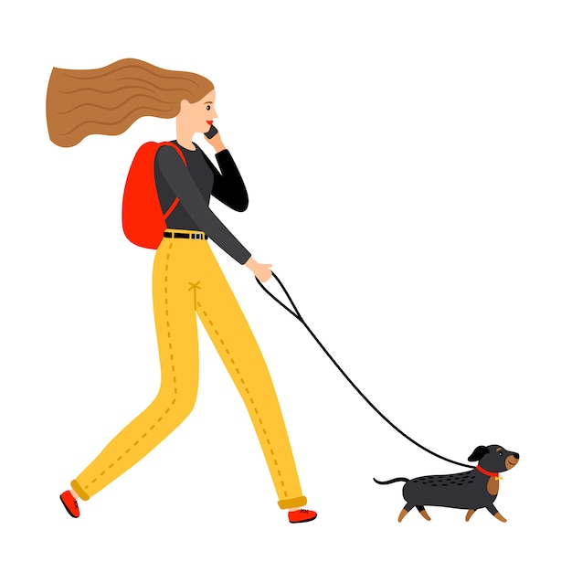 Vector vrouw die met hond loopt