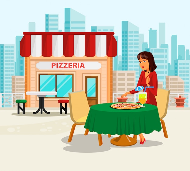 Vrouw die middagpauze heeft bij pizzeria illustration