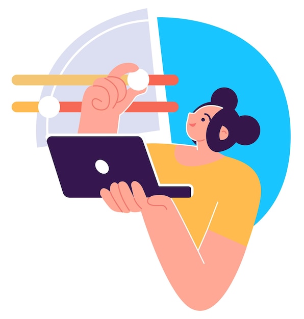 Vrouw die op laptop werkt Freelance werk op afstand freelance concept Vectorillustratie in flat