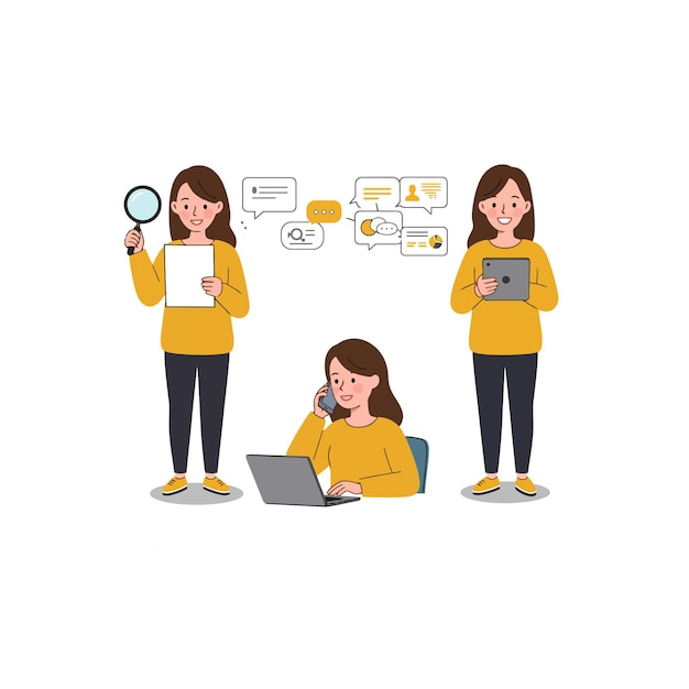 Vrouw die technologie gebruikt voor zaken en communicatie Illustratieset