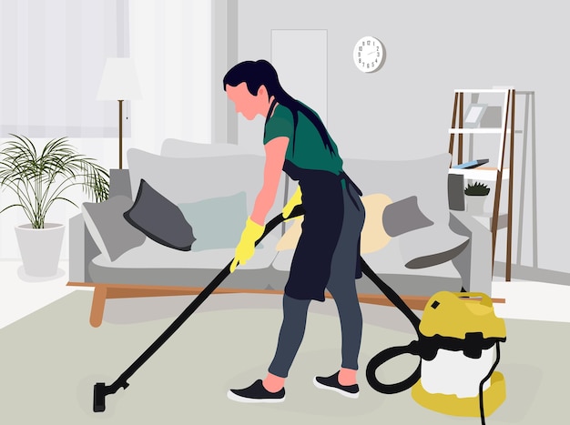 Vrouw die thuis de vloer schoonmaakt met een stofzuiger Reinigingsmedewerker in uniformVlakke vectorillustratie