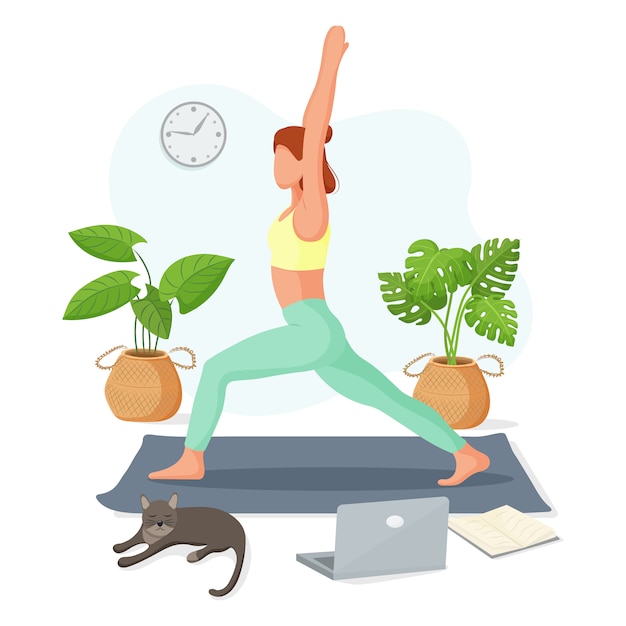 Vrouw die training thuis doet. yoga en fitness, gezonde levensstijl. illustratie.