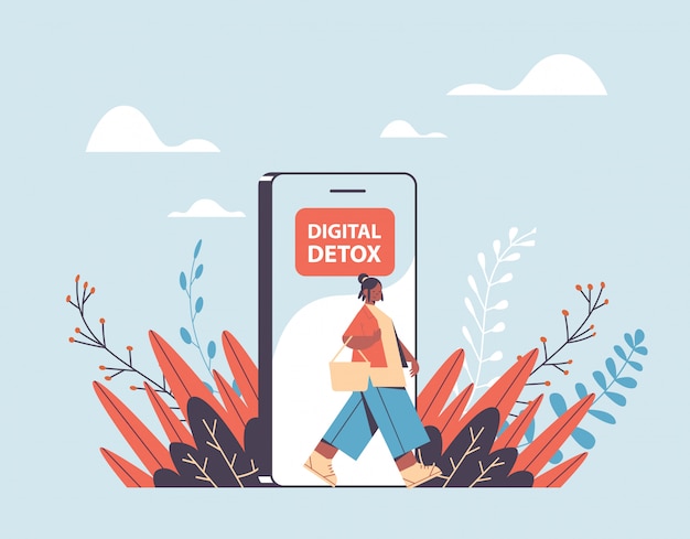 Vrouw die uit mobiel digitaal detoxconcept komt meisje ontsnapt aan digitale verslaving