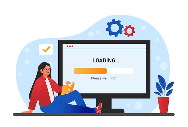 Vrouw die wacht om te laden jong meisje downloadt bestanden op internet opent programma of applicatie op