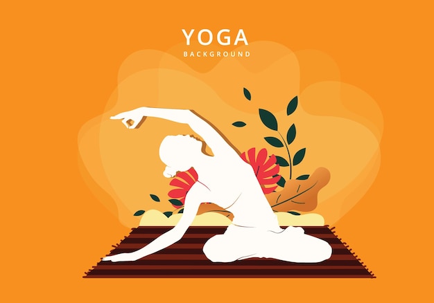 Vector vrouw die yoga op abstracte bloemen gele achtergrond doet