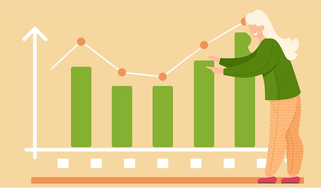Vrouw die zich dichtbij diagram bevindt dat uit verticale groene rechthoekige staaf vectorillustratie bestaat