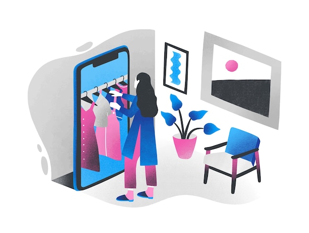 Vector vrouw die zich voor reusachtige smartphone bevindt en kleren kiest die op hangerrail erin hangen. concept van online winkelen, internetwinkel, digitale winkel. kleurrijke isometrische illustratie.