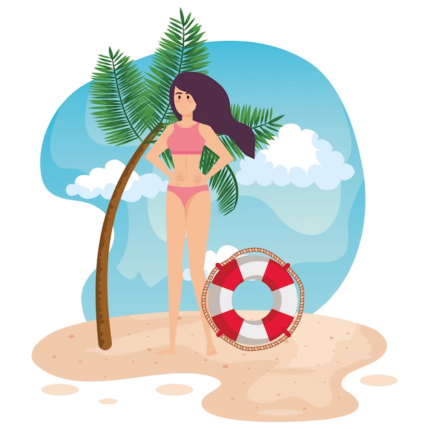 Vrouw die zwempak met vlotter en palm draagt