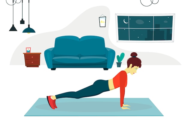 Vrouw doet fitness in oefening thuis het concept van gaan voor sport mooi meisje houdt zich bezig met fitness in plank op uitgestrekte armen pose Vector platte cartoon afbeelding