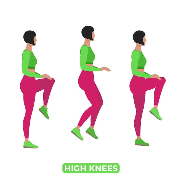 Vrouw doet hoge knieën lichaamsgewicht Fitness Cardio-oefening