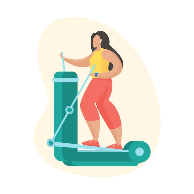 Vrouw doet oefeningen met elliptische trainer. sportuitrusting voor buiten. vrouwelijke stripfiguur in sportkleding cardio-oefening doen. platte vectorillustratie