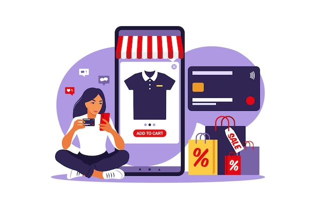 Vrouw doet online winkelen moderne concept illustratie