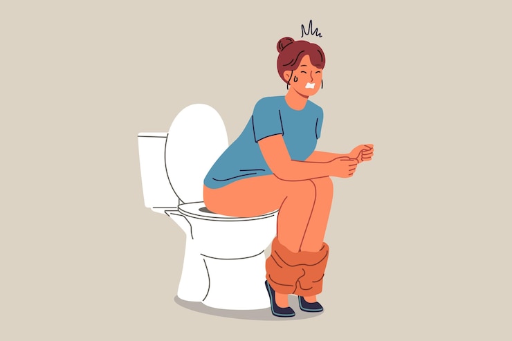 Vrouw doet poep terwijl ze op het toilet zit en lijdt aan constipatie veroorzaakt door spijsverteringsstoornissen of maag