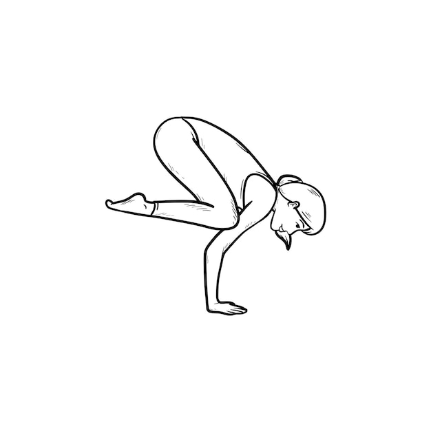 Vrouw doet yoga in kraai pose hand getrokken schets doodle pictogram. Fitness yoga en sportschool, ontspanning, gezondheidsconcept. Schets vectorillustratie voor print, web, mobiel en infographics op witte achtergrond.