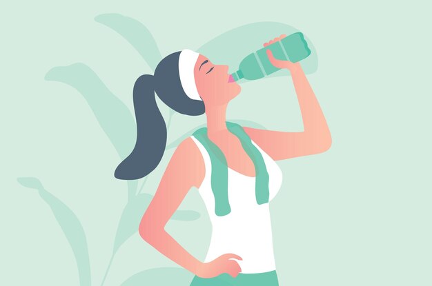 Vector vrouw drinkwaterfles vectorillustratie gezonde levensstijl concept