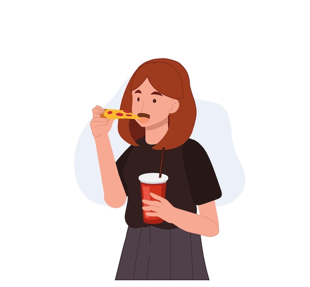 Vrouw eet een stuk pizza terwijl ze een glas frisdrank in de andere hand houdt. Geniet van het eten van concept Vectorillustratie