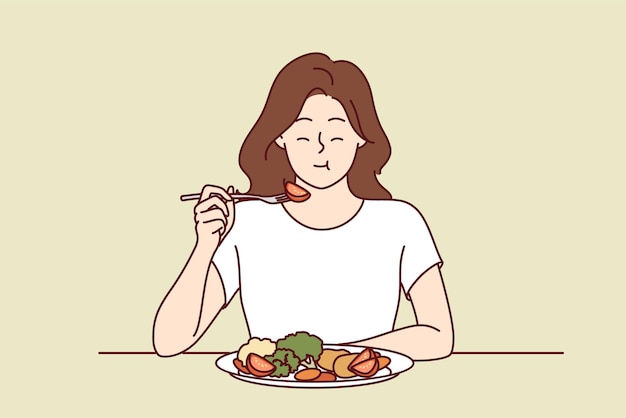 Vector vrouw eet smakelijke verse groentesalade en sluit de ogen en geniet van een heerlijk en gezond dieet