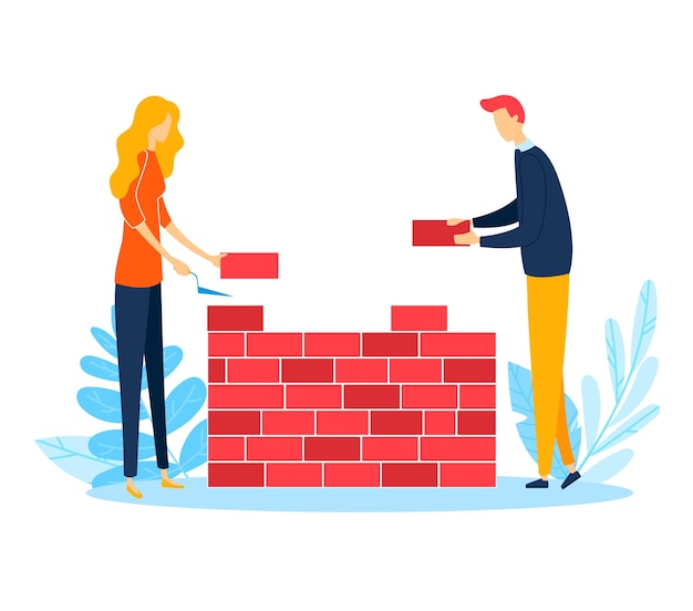 Vrouw en man bouwen samen een bakstenen muur teamwerk en samenwerking concept constructief partnerschap