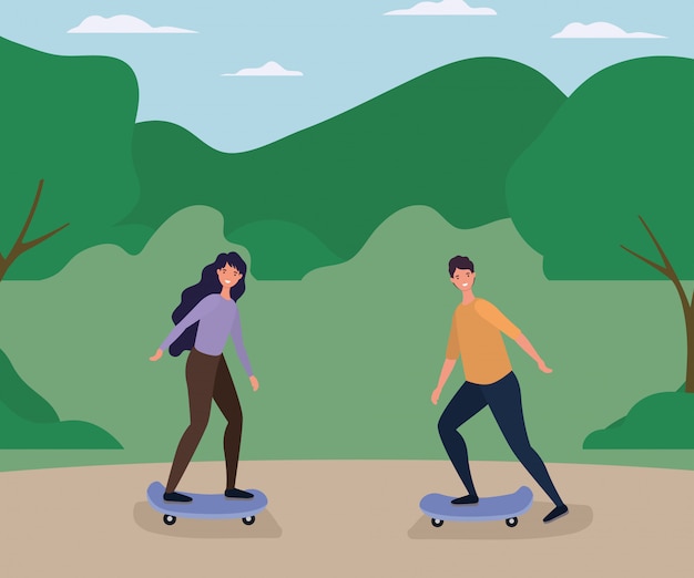 Vrouw en man cartoons op skateboard bij park vector design