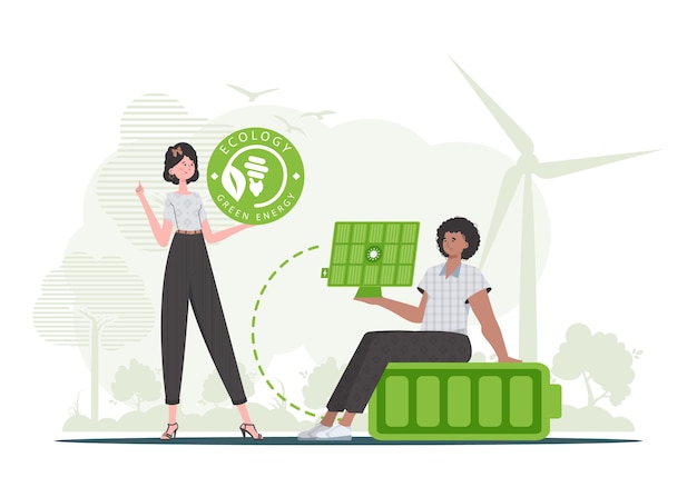 Vrouw en man en zonnepaneel Groene energieconcept vectorillustratie