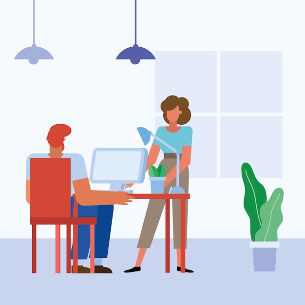 Vrouw en man met computer bij bureau in het bureauontwerp, bedrijfsobjectenpersoneel en collectief thema