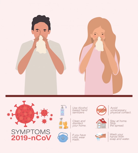 Vrouw en man met verkoudheid van 2019 ncov-viruspreventie typeert ontwerp van Covid 19 cov-ziektesymptomen en medische thema-illustratie