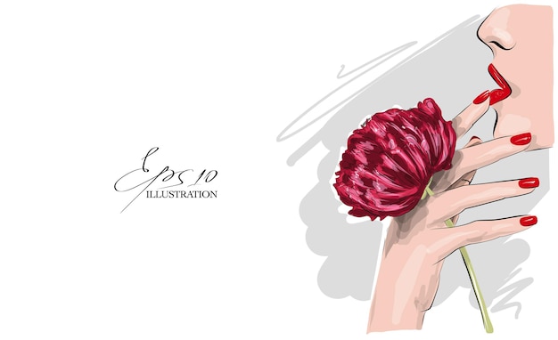 Vrouw en Peony in hand illustratie