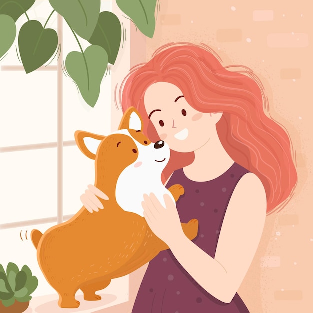 Vector vrouw en schattige corgi hond