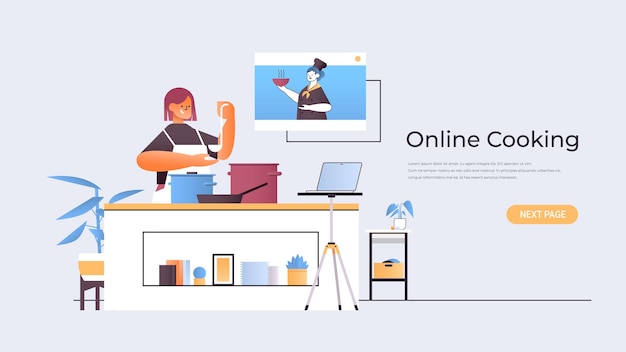 vrouw eten blogger voorbereiding gerecht en kijken naar video tutorial met vrouwelijke chef-kok in web browservenster online koken concept horizontale kopie ruimte illustratie